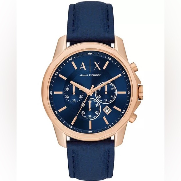 Men's Chronograph Blue Leather Strap Watch 44mm - Picture 1 of 4